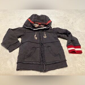 Gray Hoodie with Red Accents & headphones graphic